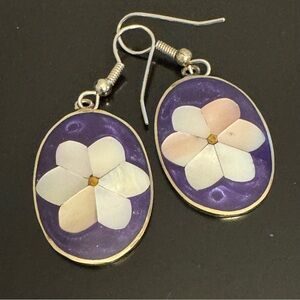 Vintage Mexican Floral Inlay Earrings Purple Background Mother of Pearl